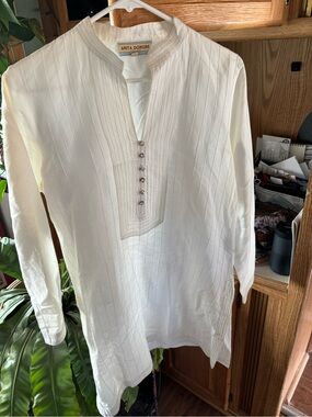 Anita Dongre Cream-White Cotton Button-Front Tunic Shirt